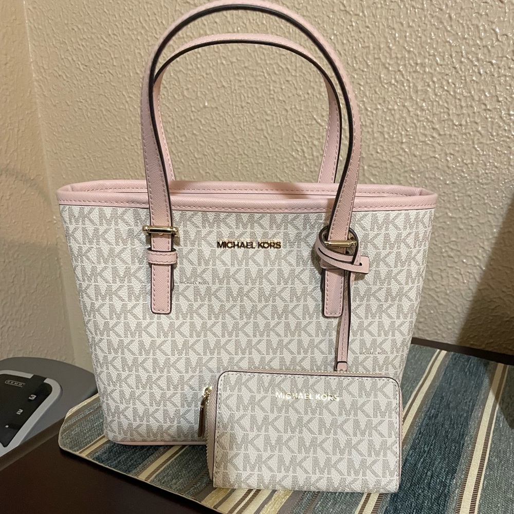 Pink and cream MK purse and wallet
